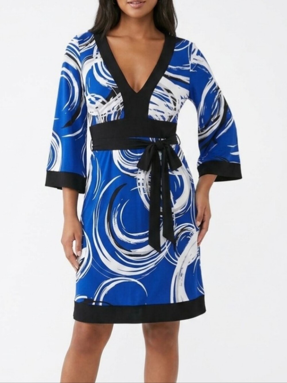 Forever 21 Blue and Black Graphic V-Neck Wide Sleeve
